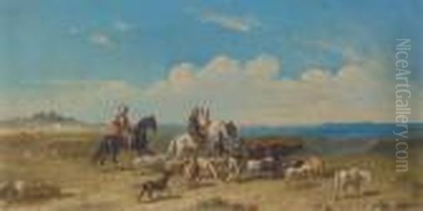 An Arab Herding Goats And Sheep Before A Mosque; And Arabs On Horseback Moving The Herd Oil Painting by William Raymond Dommersen