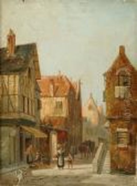 Continental Townscape With Figures Oil Painting by William Raymond Dommersen