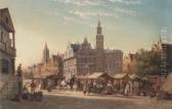 A Flemish Market Place Oil Painting by William Raymond Dommersen