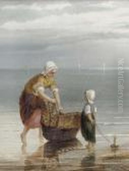 A Mother Crabbing With Her Child Oil Painting by William Raymond Dommersen