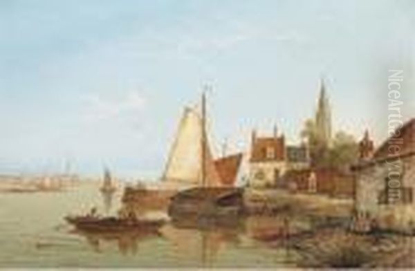 Sailing Vessels Docked At Port Oil Painting by William Raymond Dommersen