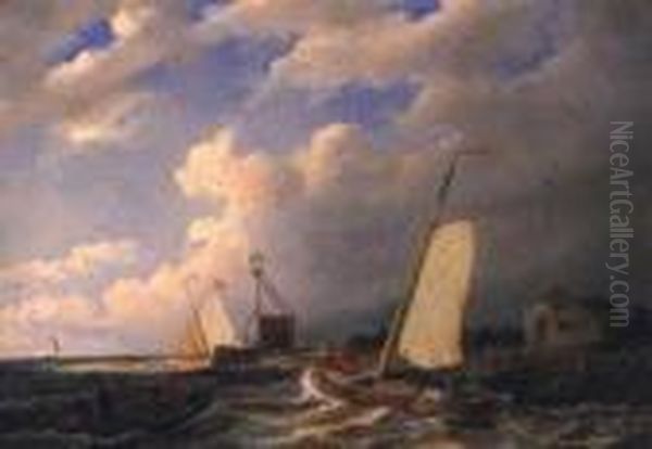 Sailing Boats In Choppy Waters Oil Painting by William Raymond Dommersen