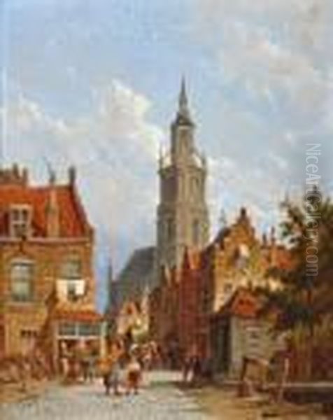 Figuren Op Straat Bij De Grote Kerk Van Breda Oil Painting by Pieter Cornelis Dommershuijzen