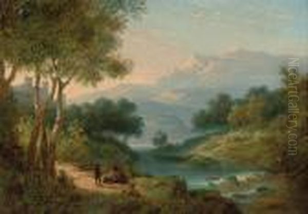 Travellers By A River Oil Painting by Pieter Cornelis Dommershuijzen