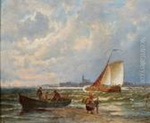 Vissers Bij Sloep Aan De Waterkant, Mogelijk Bij Kampen Oil Painting by Pieter Cornelis Dommershuijzen