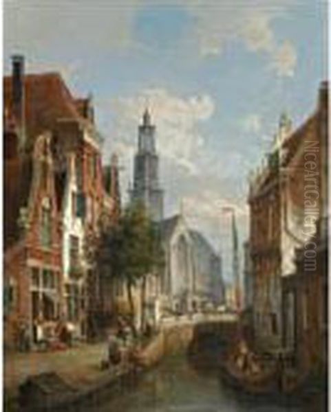 Figures In The Streets Along A Canal In Amsterdam, The Westerkerk In The Background Oil Painting by Pieter Cornelis Dommershuijzen