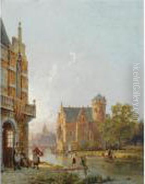 The Castle Of Oude Ney, Friesland, Holland Oil Painting by Pieter Cornelis Dommershuijzen