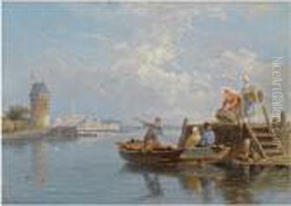 Fisherfolk Unloading Their Catch Oil Painting by Pieter Cornelis Dommershuijzen