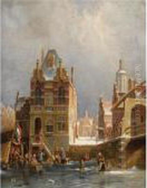 Figures On The Ice In A Wintry Dutch Town Oil Painting by Pieter Cornelis Dommershuijzen