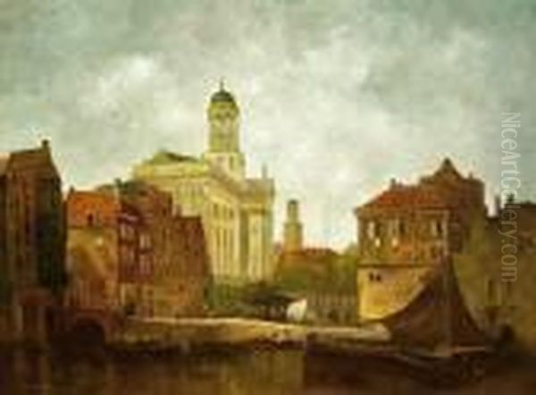 Cityscape With The Inner Harbour Of Utrecht Oil Painting by Pieter Cornelis Dommershuijzen