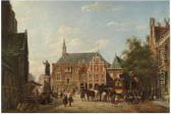 The Town Hall And Market Place, Haarlem Oil Painting by Pieter Cornelis Dommershuijzen