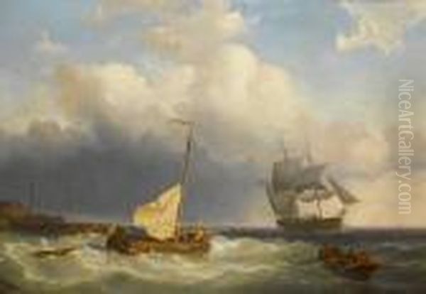 Shipping At The Mouth Of A Harbour Oil Painting by Pieter Cornelis Dommershuijzen