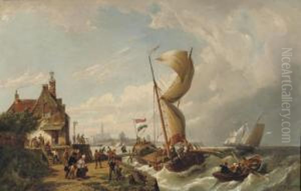 Passengers Boarding A Ferry At The Goeser Veerhuis With The Church Of Goes Beyond Oil Painting by Pieter Cornelis Dommershuijzen