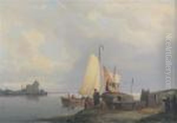 Figures By A Barge On An Estuary Oil Painting by Pieter Cornelis Dommershuijzen