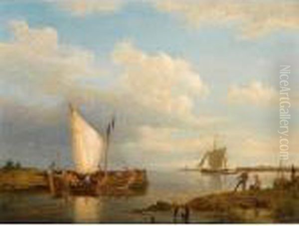 Sailing Ships In An Estuary Oil Painting by Pieter Cornelis Dommershuijzen