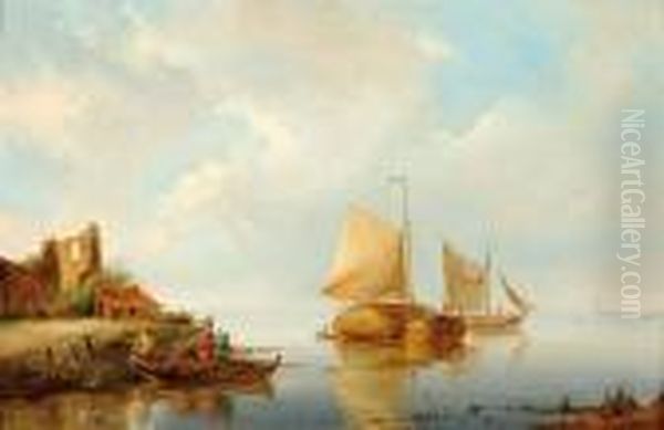 Ships And Figures In A Flat-boat On A Calm Estuary Oil Painting by Pieter Cornelis Dommershuijzen