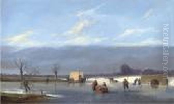 Skaters On A Dutch Canal Oil Painting by Pieter Cornelis Dommershuijzen