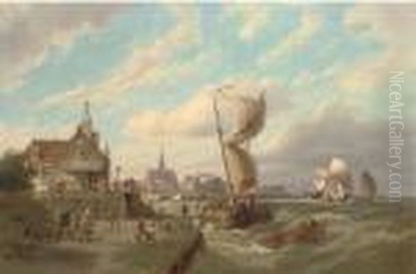 The Barge At The Goeser Veerhuis With Goes In The Distance Oil Painting by Pieter Cornelis Dommershuijzen