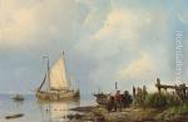 Shipping In An Estuary Oil Painting by Pieter Cornelis Dommershuijzen