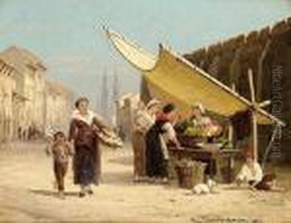 Flower Market Oil Painting by Pieter Cornelis Dommershuijzen