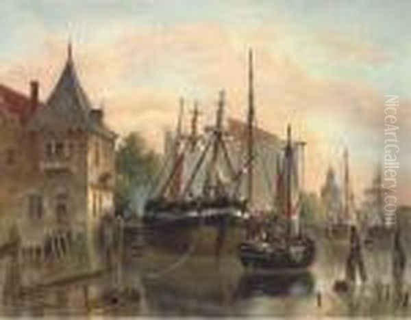 A Busy Day On The Amstel Oil Painting by Pieter Cornelis Dommershuijzen