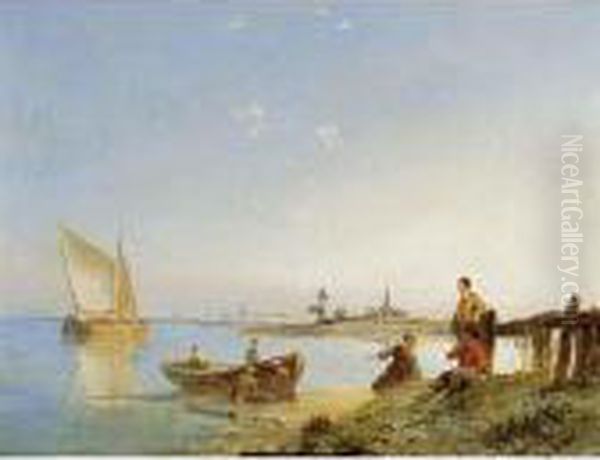 Fisherfolk On The Shore On A Sunny Day Oil Painting by Pieter Cornelis Dommershuijzen