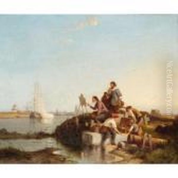 Artist And Companions Beside An Estuary Oil Painting by Pieter Cornelis Dommershuijzen