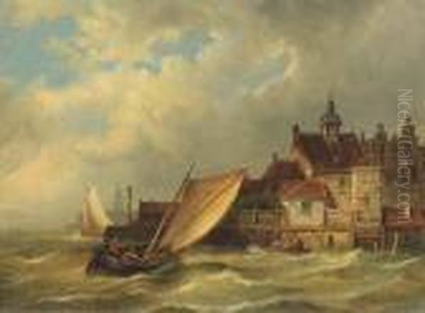 A Sailing Boat Entering A Dutch Harbour Oil Painting by Pieter Cornelis Dommershuijzen