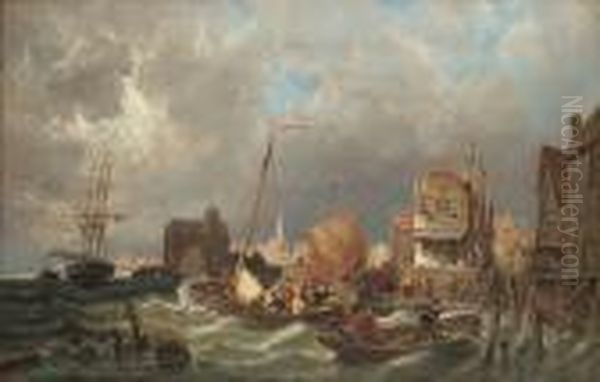 Shipping Before A Dutch Harbour Town Oil Painting by Pieter Cornelis Dommershuijzen