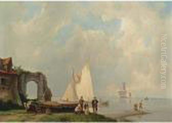 On The Dutch Shore Oil Painting by Pieter Cornelis Dommershuijzen