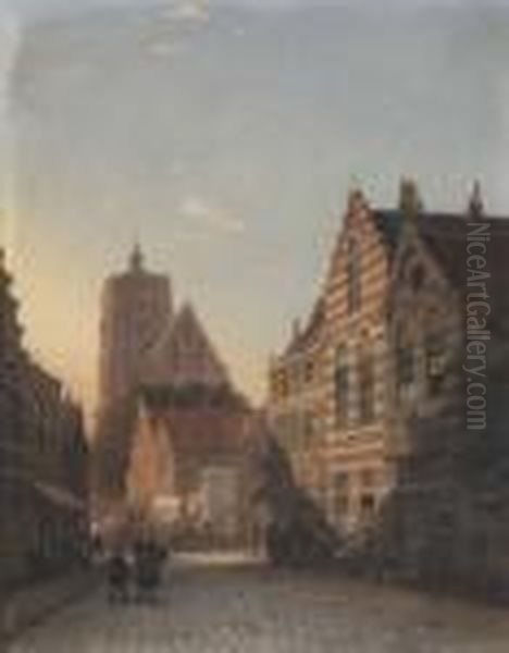 Figures In A Street In Utrecht Oil Painting by Pieter Cornelis Dommershuijzen