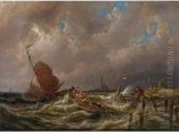 A Sailingvessel In Heavy Weather Oil Painting by Pieter Cornelis Dommershuijzen