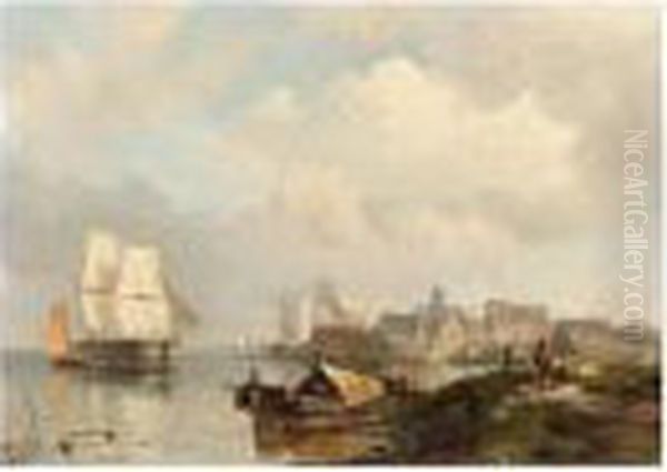 A Summer Landscape With Shipping Near A Town Oil Painting by Pieter Cornelis Dommershuijzen