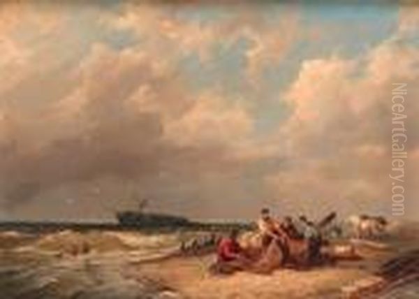 Beachcombers On Shore With A Capsized Ship In The Distance Oil Painting by Pieter Cornelis Dommershuijzen