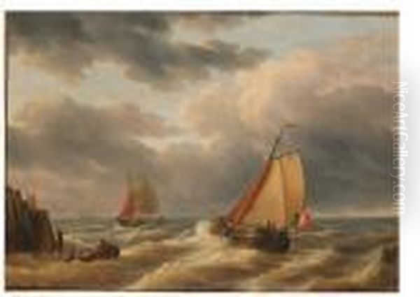 Fishing Vessels Offshore In Choppy Seas Oil Painting by Pieter Cornelis Dommershuijzen