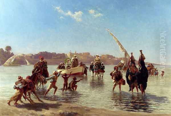 Figures Coming Ashore Near Luxor, Upper Egypt Oil Painting by Paul Rudolf Linke