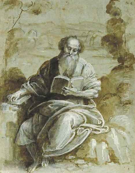 An Evangelist seated in a wooded landscape Oil Painting by Bernardino Lanino