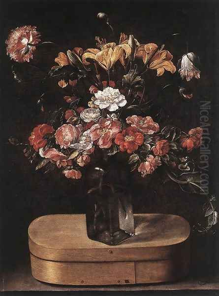 Bouquet on Wooden Box c. 1640 Oil Painting by Jacques Linard