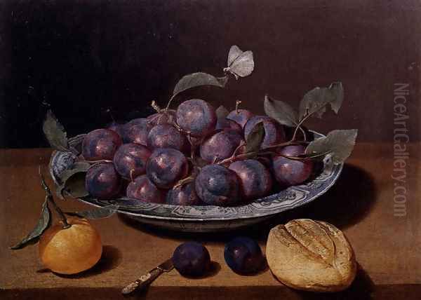 Still Life Of A Plate Of Plums And A Loaf Of Bread Oil Painting by Jacques Linard