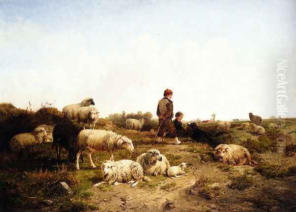 Shepherd Boys With Their Flock Oil Painting by Cornelis van Leemputten