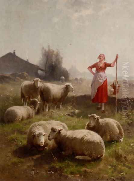 A Shepherdess And Her Flock Oil Painting by Cornelis van Leemputten