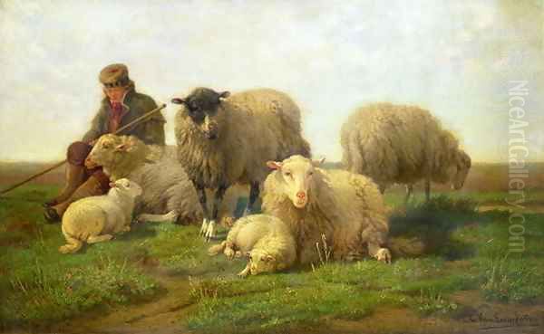 A Shepherd with Sheep and Lambs Oil Painting by Cornelis van Leemputten