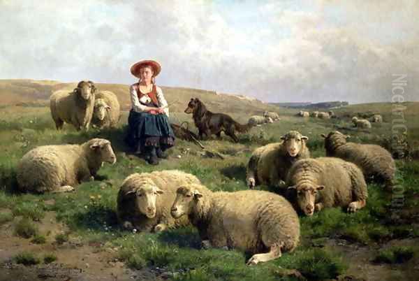 Shepherdess with Sheep in a Landscape Oil Painting by Cornelis van Leemputten