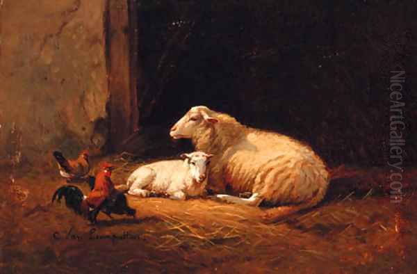 Sheep and Cockerels in a Farmyard Oil Painting by Cornelis van Leemputten