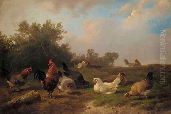 A cockerell and hens feeding by a tree-stump Oil Painting by Cornelis van Leemputten