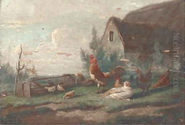 Chickens in a farmyard Oil Painting by Cornelis van Leemputten