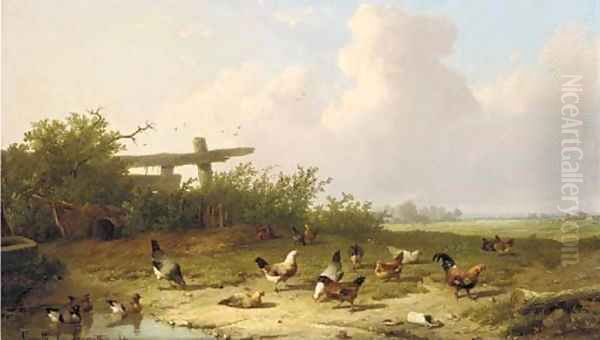 Landscape and poultry in a landscape Oil Painting by Cornelis van Leemputten