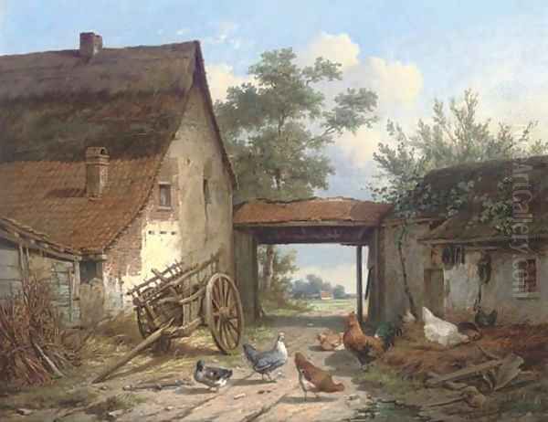 Poultry in the farmyard Oil Painting by Cornelis van Leemputten