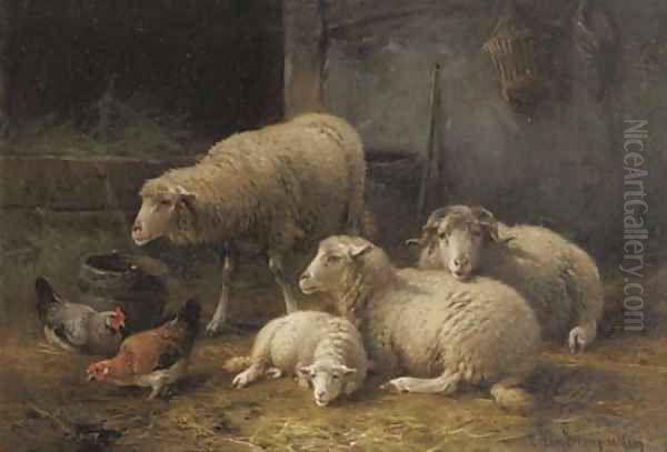 Interieur d'etable avec moutons Oil Painting by Cornelis van Leemputten