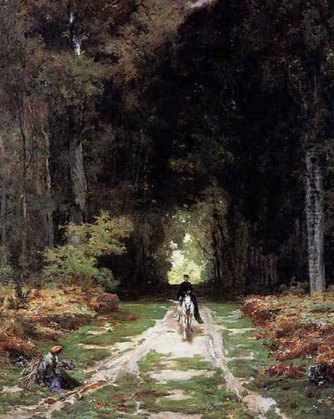 Equestrienne on a Wooded Lane Oil Painting by Jules Joseph Augustin Laurens